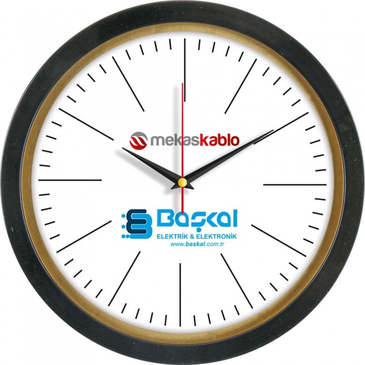 Logo Baskılı Siyah Altın Detaylı Yuvarlak 30 cm Plastik Duvar Saati